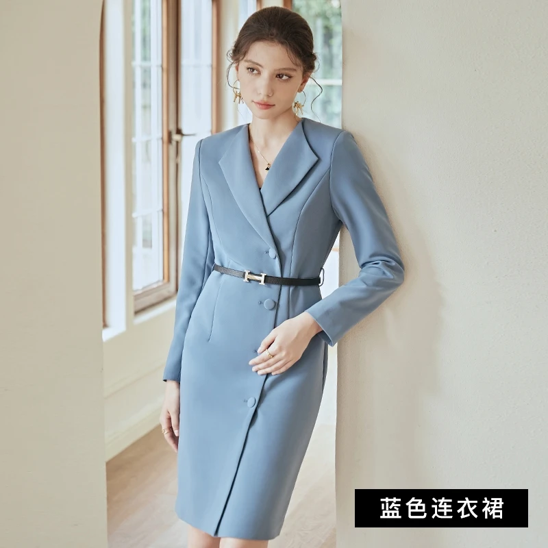 子韩推荐福利款 雾霾蓝西装领连衣裙C0840