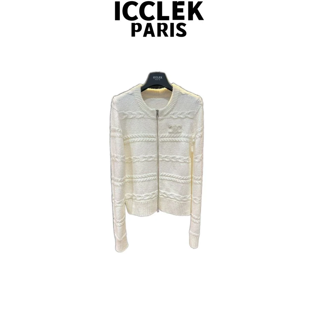 ICCLEK 白色圆领角花螺纹针织开衫气质名媛气质时尚 -9078