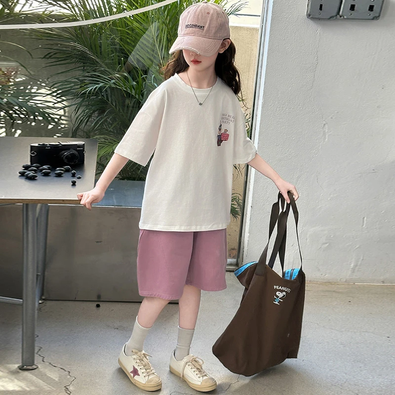 女童夏季短袖套装2025新款女大童韩版时尚洋气宽松休闲T恤套装潮