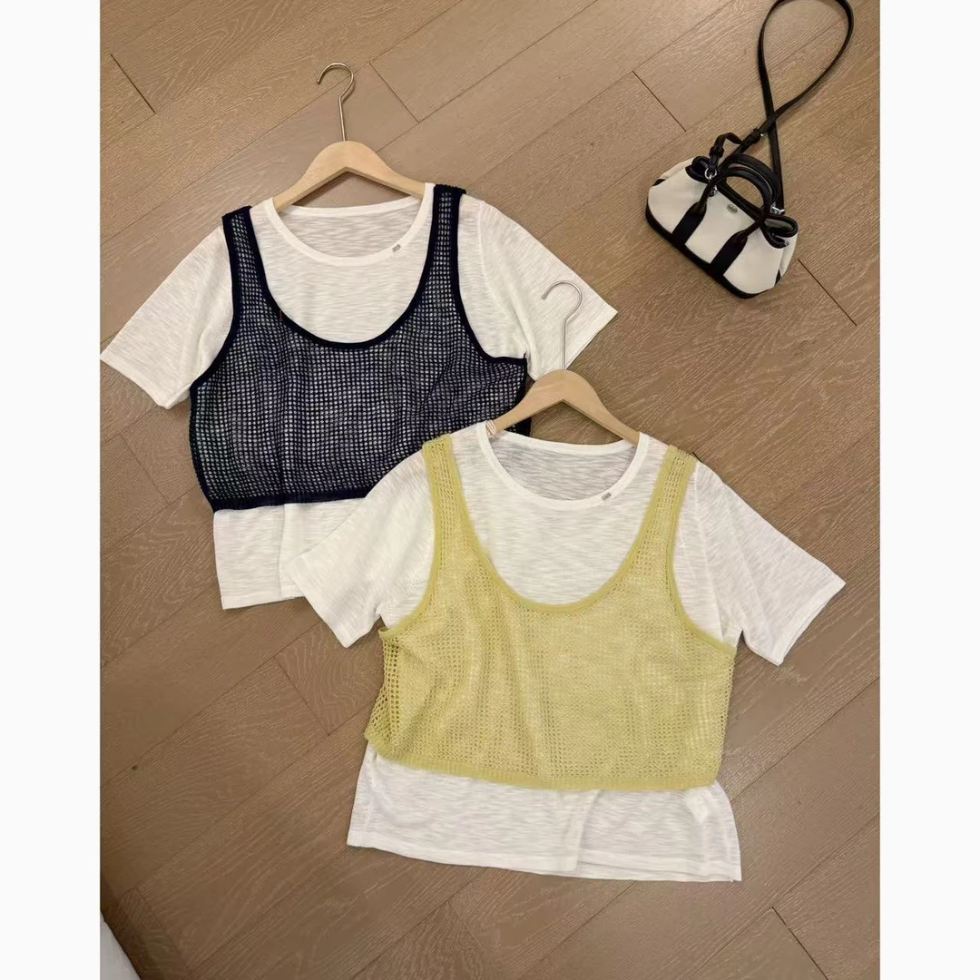 小静静一会【背心两件套】2025夏款撞色针织短袖上衣 2504C2259