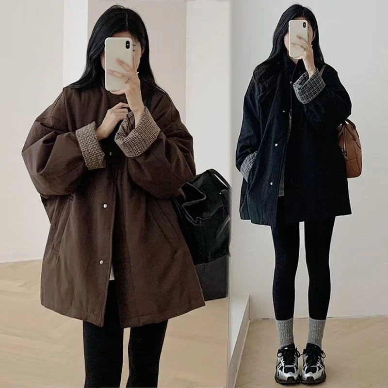 韩系立领格子拼接夹棉外套女秋冬新款高级感气质宽松休闲加厚棉服