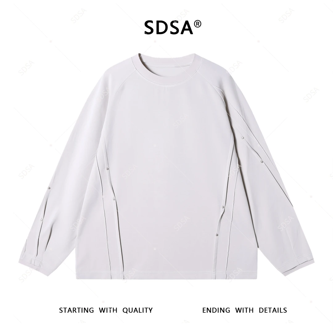 SDSA男士2025新款轻奢痞帅男装简约纯色铆钉褶皱圆领卫衣百搭舒适