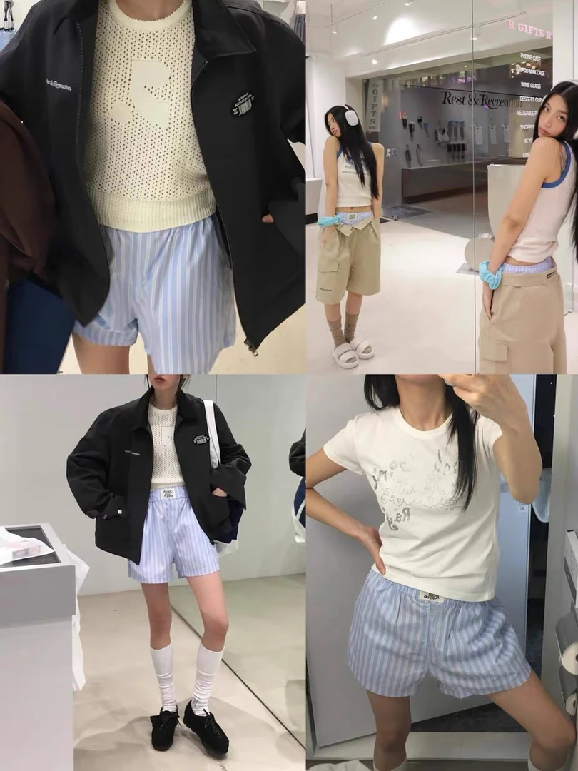 新款韩国rest条纹宽松字母直筒松紧慵懒rr休闲薄款短裤原