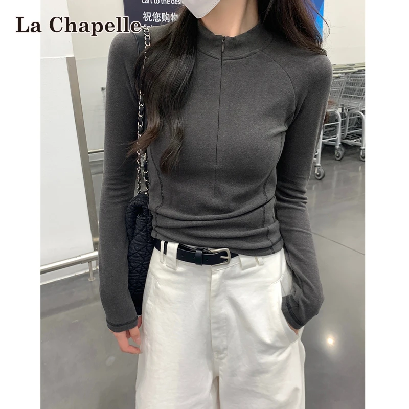 拉夏贝尔韩版拉链半高领德绒内搭长袖T恤女秋冬季短款打底衫上衣