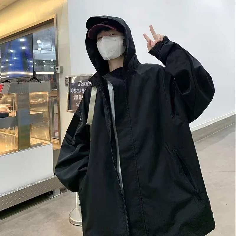 7603-BY春秋季潮牌美式复古工装外套男女潮流百搭连帽冲锋衣夹克