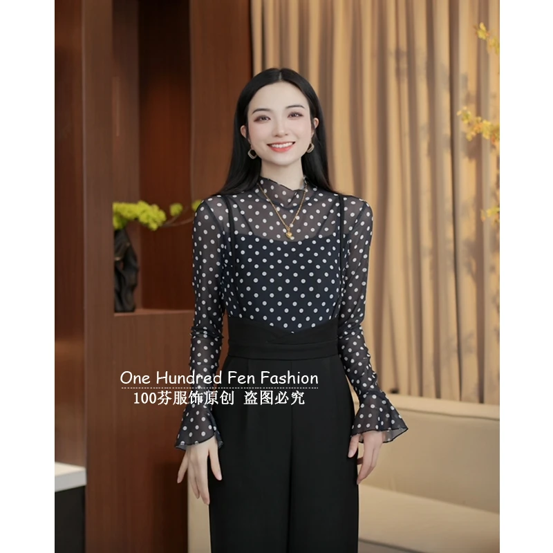黑色波点防晒罩衫打底衫2025夏季新款内搭短款修身时尚微透上衣女