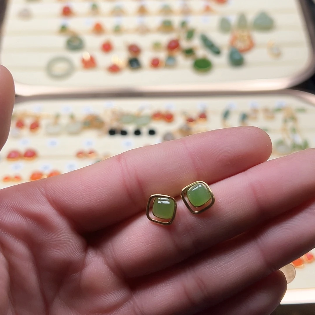 和田玉耳饰银S925镶嵌