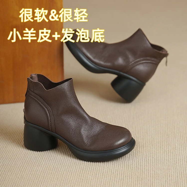 超轻软底软面舒适高跟短靴小个子粗跟厚底羊皮复古及踝靴简约百搭