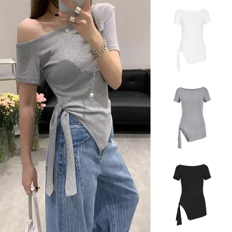 Moses Queen/魔西女王一字肩系带设计掐腰显瘦上衣纯欲修身短袖