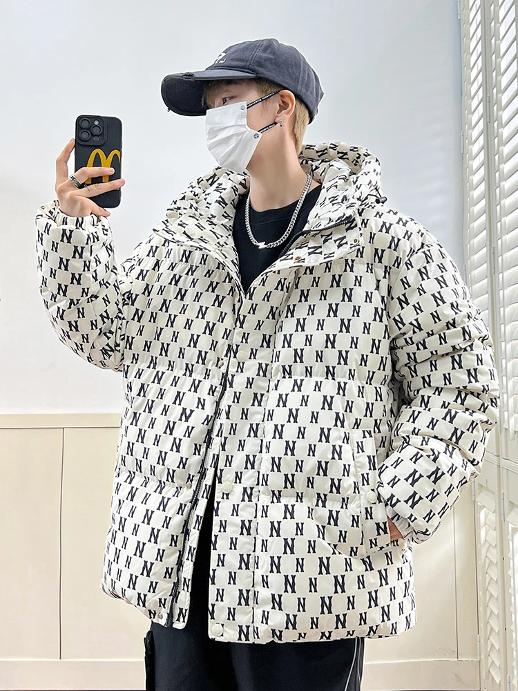 【港风】冬季满印情侣版羽绒服潮流时尚连帽保暖外套