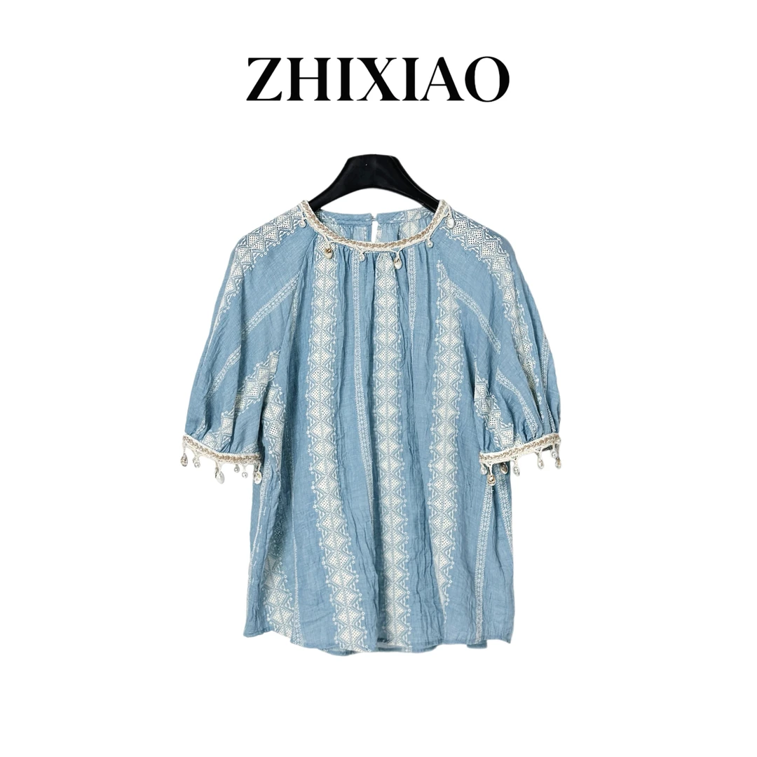 【ZHIXIAO】夏季新款：贝壳珍珠刺绣上衣00708