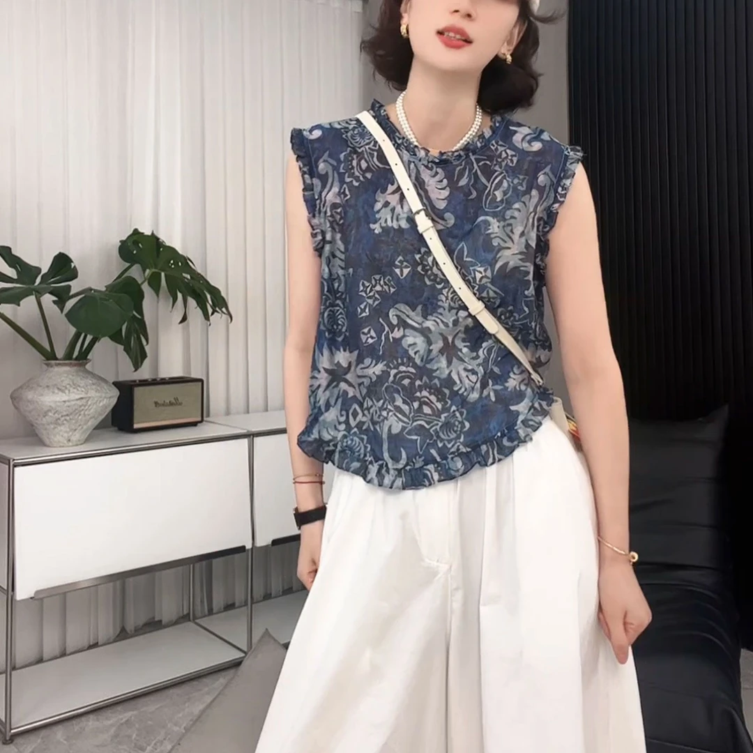 日常风洋气百搭时尚夏季新款衬衫2025百搭无袖减龄印花国风上衣女