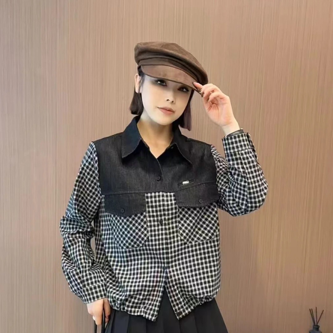 【C度笑笑力推】2589新品时尚小众美学系列牛仔拼接格子衬衫
