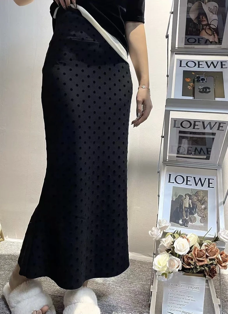 2025春款时尚复古波点高腰修身百搭鱼尾半身裙女