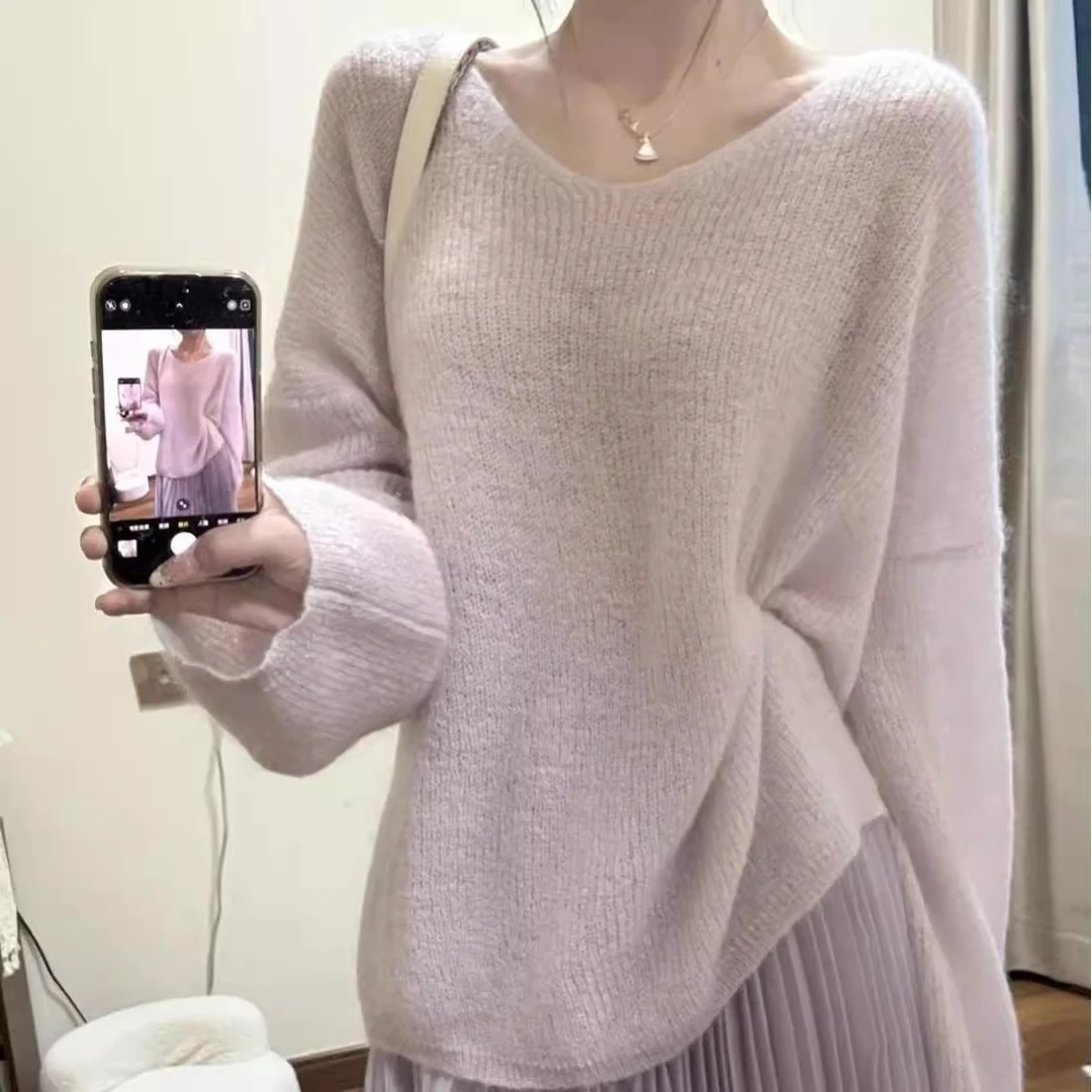 超软糯！紫色马毛毛V领毛衣女2025春季新款韩版宽松针织慵懒风上衣