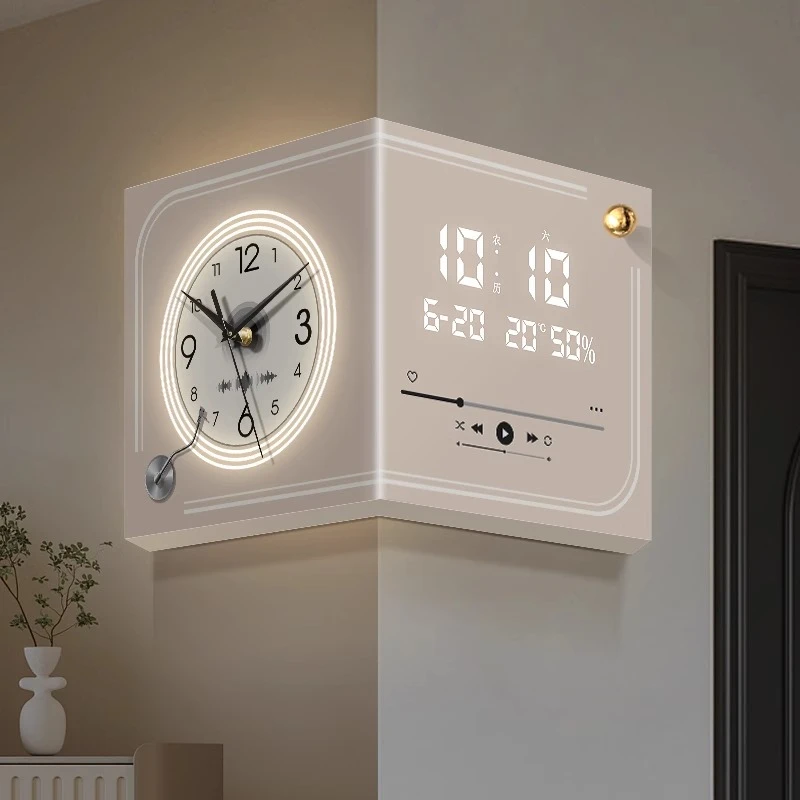 奶油风客厅转角时钟数显电子钟表万年历2025新款免打孔双面挂钟
