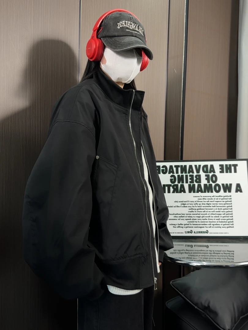 外套男女同款情侣百搭廓形立领外套潮美式高街飞行夹克外套男生