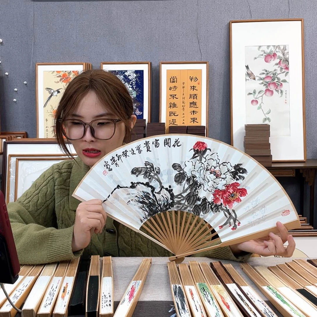 国画95寸玉竹-纯手绘-文玩扇骨（默认粘好）