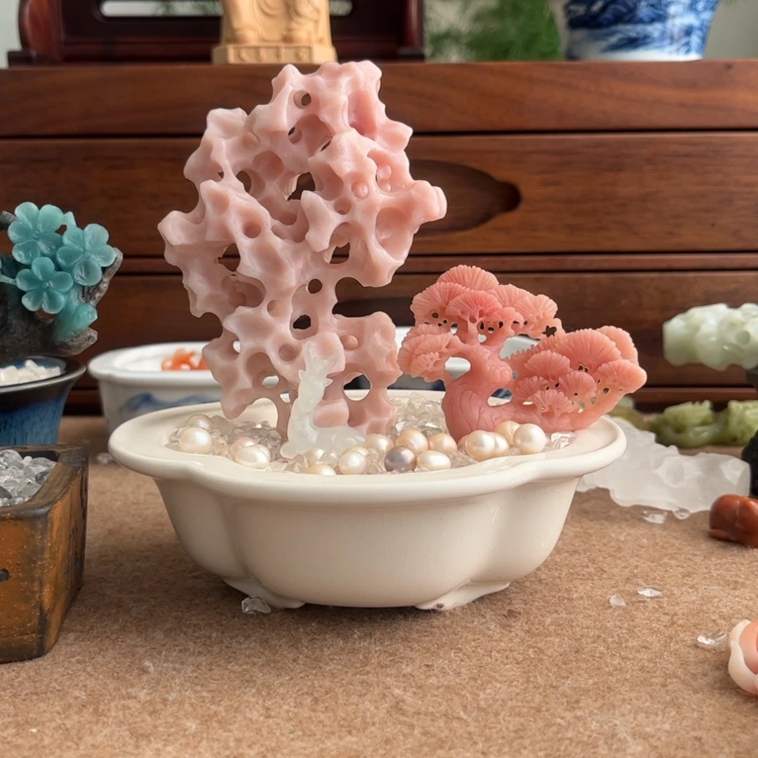 渚***岸印石青田石粉色太湖一套