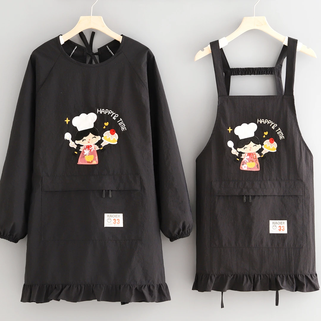 简约卡通刺绣防泼水围裙长袖罩衣防污耐脏餐饮上班烘焙罩衣家用女