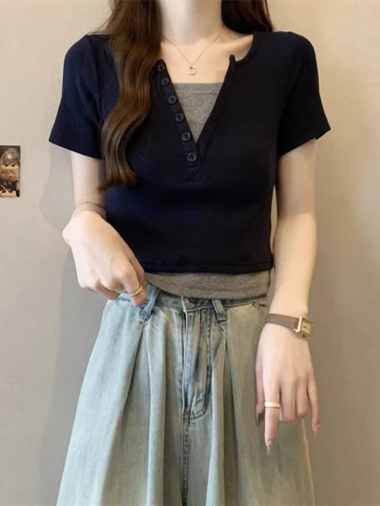 【连】夏季新款潮流假两件收腰女装T恤（非看直播勿拍）