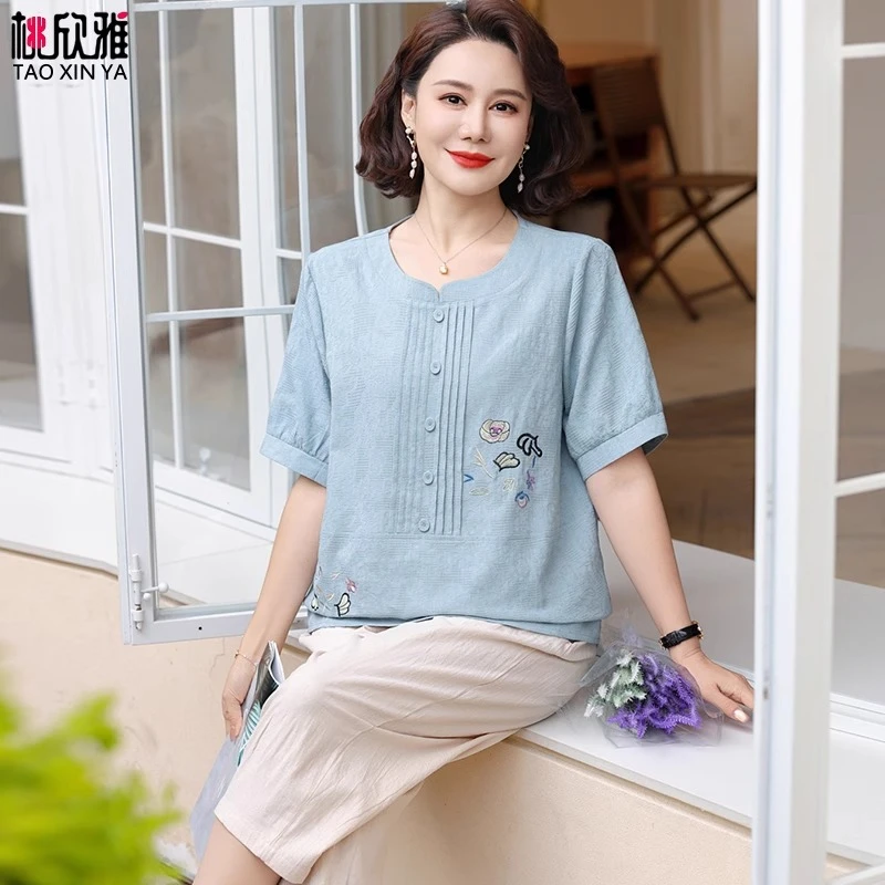 中年妈妈夏装套装气质雪纺衫上衣2025新款中老年人女夏季短袖小衫