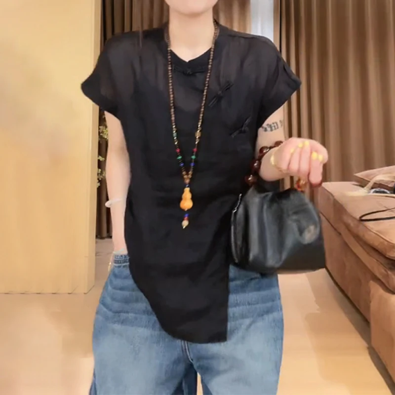 中式风复古纯色斜襟纽扣衬衫女夏季新款时髦遮肉显瘦慵懒百搭上衣