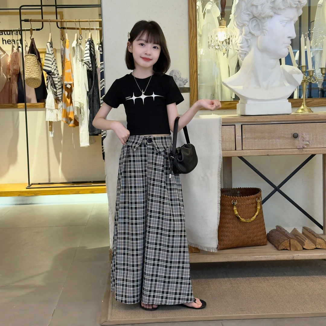2025新款女童韩版松弛感穿搭慵懒风时尚洋气格子高腰显瘦阔腿裙裤