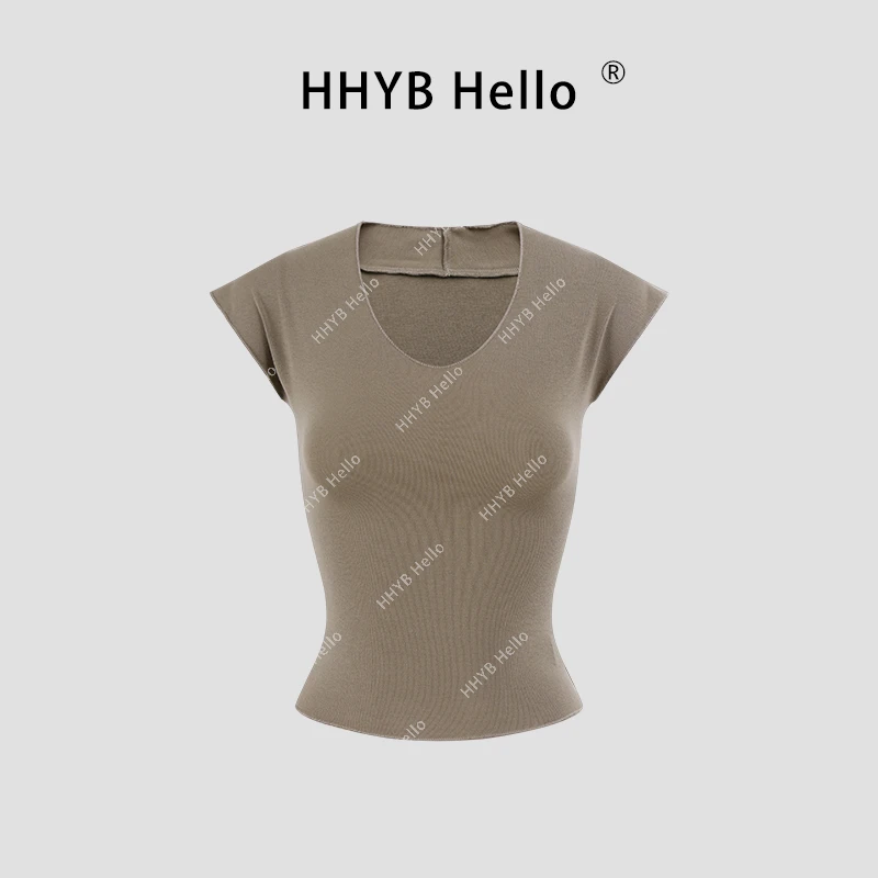 HHYB Hello【售完不补】设计感小众V领落肩短袖修身T恤女240120