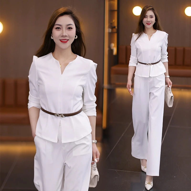 时尚套装女2025春季新款修身显瘦V领上衣垂感阔腿裤职业两件套潮