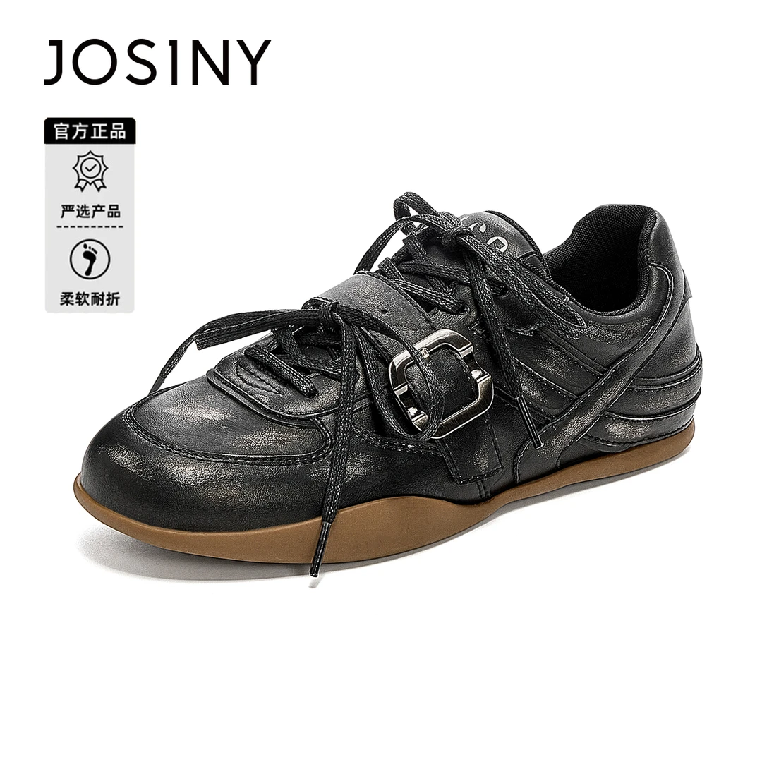 卓诗尼黑色皮面德训鞋女时尚休闲鞋2025秋季爆款复古百搭软底板鞋