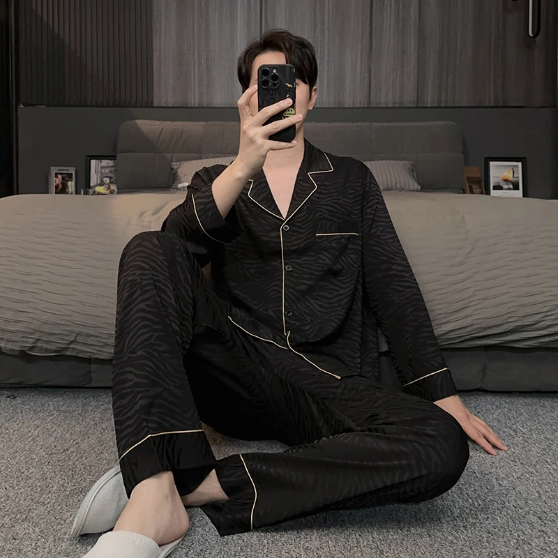 轻奢男士睡衣春秋款2025新款冰丝长袖长裤高级感可外穿家居服套装