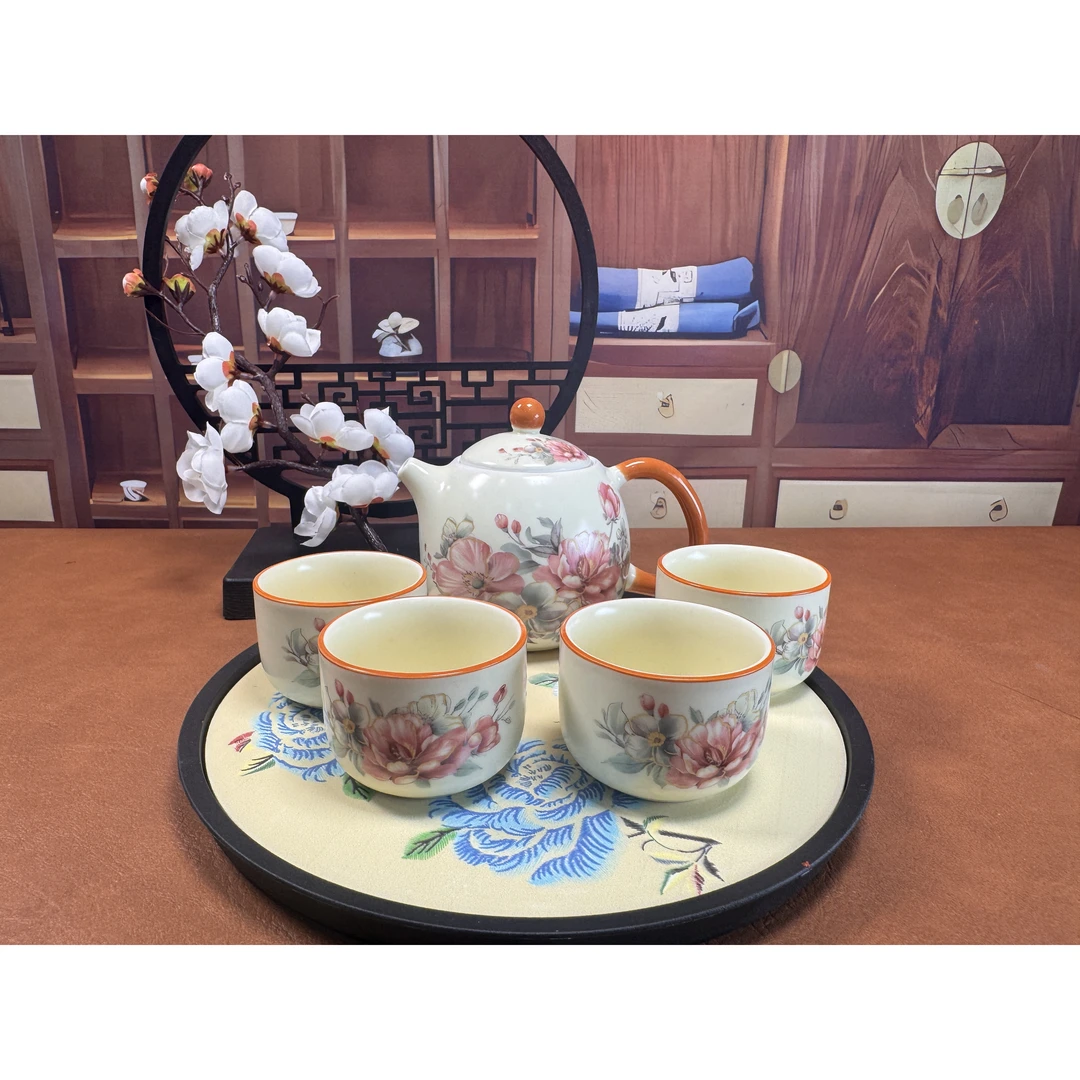 汝窑牡丹龙蛋壶茶具套一壶四杯带茶盘2144轻奢中式复古