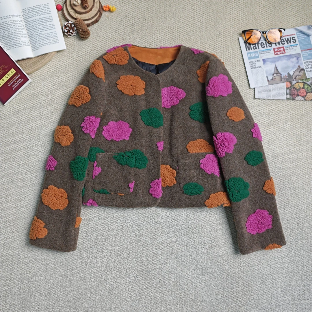 2025早春新款时尚百搭卡通印花花朵加厚长袖厚外套9148