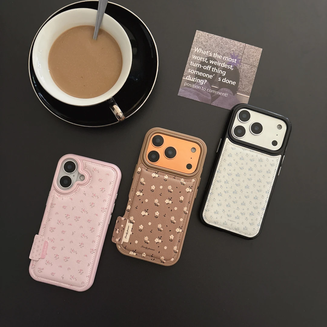 适用iPhone17Promax复古皮质秋冬浪漫小碎花苹果15Pro新款手机壳