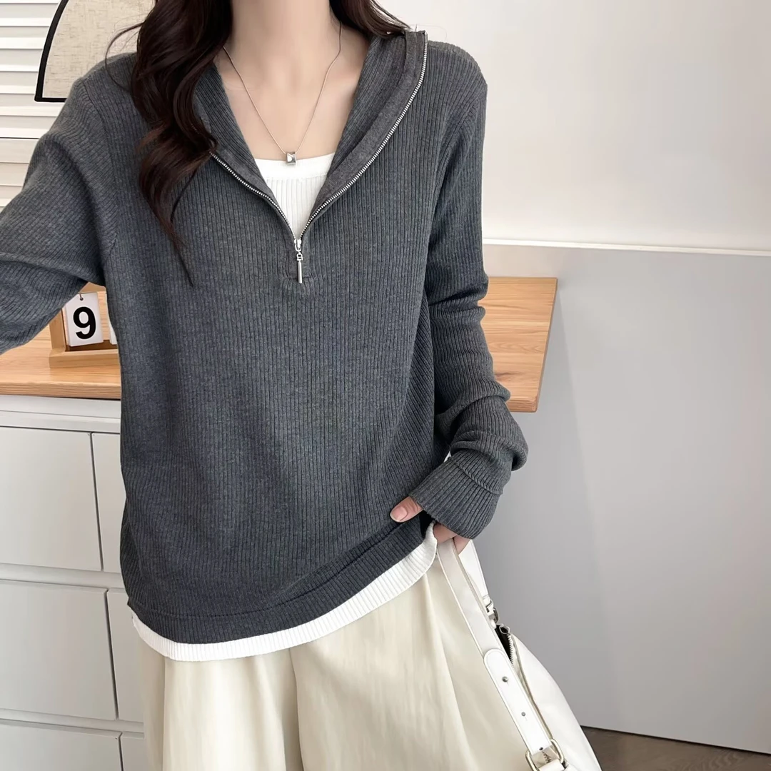 微胖MM早春新款遮肉显瘦连帽假两件针织衫女大码宽松百搭毛衣上衣