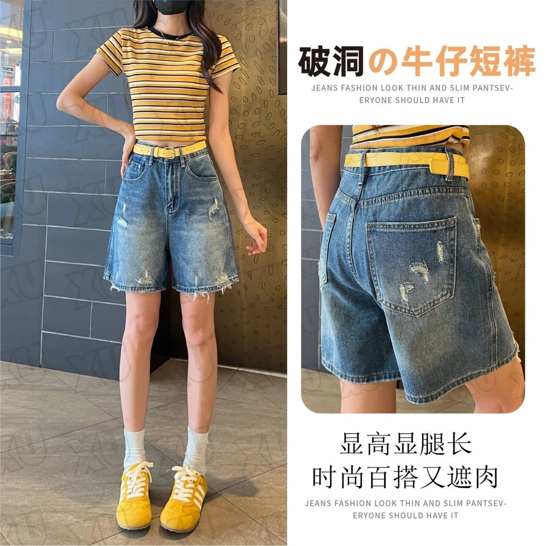 复古五分牛仔短裤女新款百搭高腰休闲显瘦夏天薄款