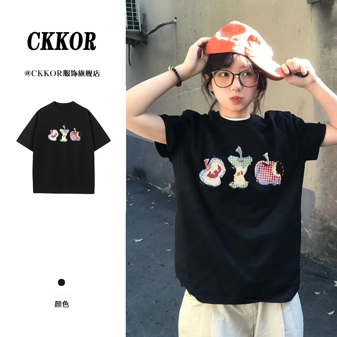 CKKOR学院风穿搭短袖t恤女美式复古多巴胺苹果印花设计感夏季上衣
