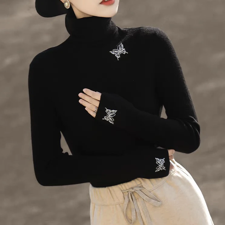 秋冬款打底衫半高领百搭保暖蝴蝶羊毛上衣