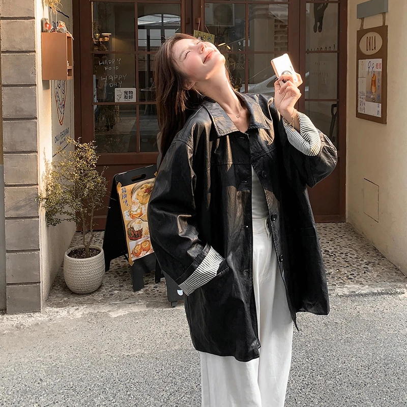 黑色高级感时尚PU皮外套女春季2025新款韩系减龄显瘦宽松气质皮衣
