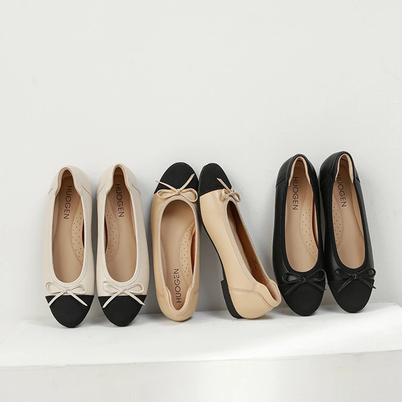 HUOGEN小香风单鞋新款瓢鞋羊皮女鞋子软底通勤平底鞋玛丽珍奶奶鞋