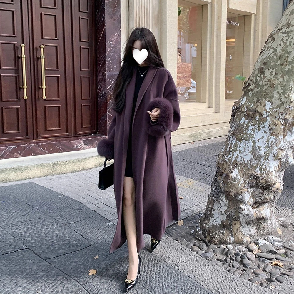 2025年秋冬新款紫色毛领拼接袖口毛系带百搭宽松毛呢大衣外套女