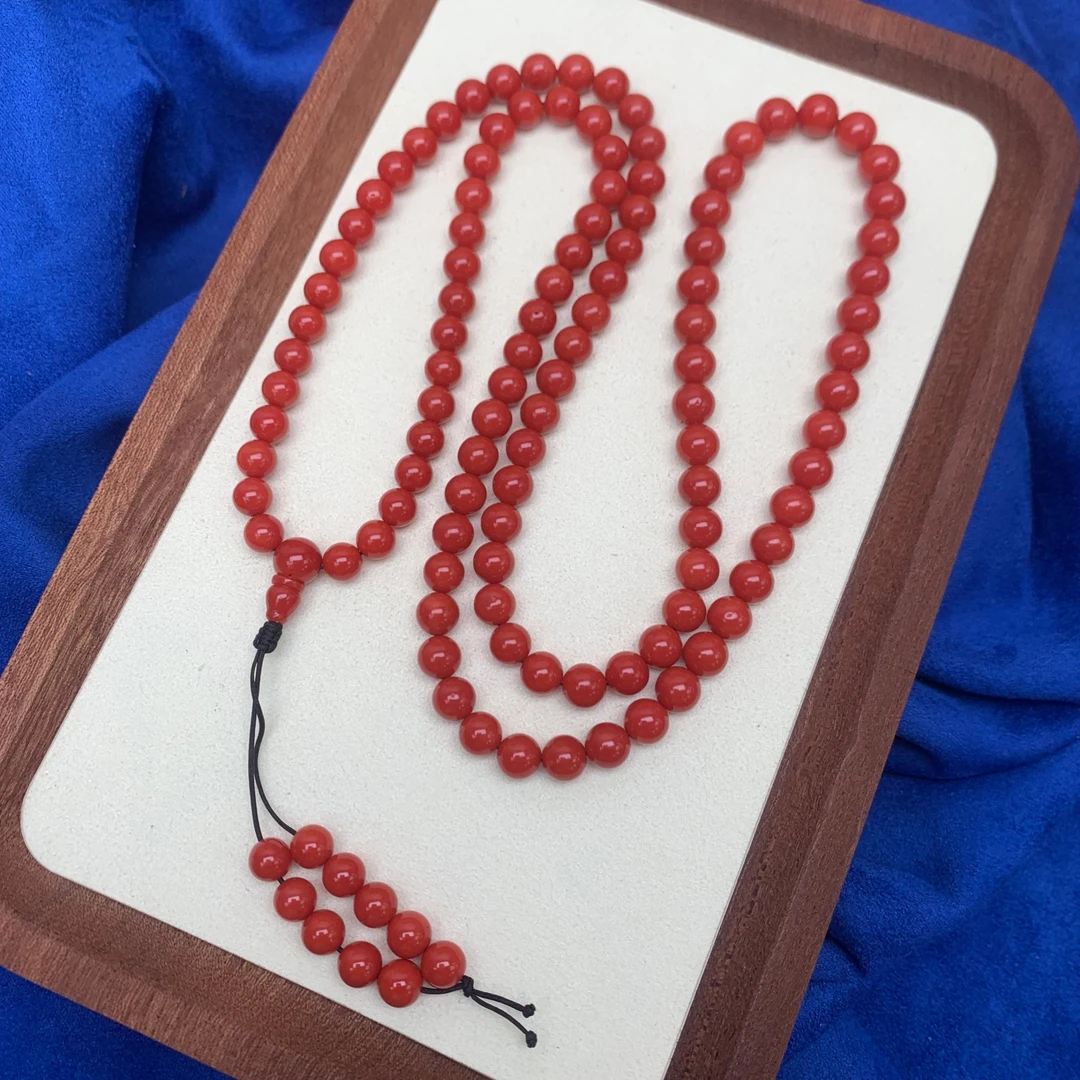 法国科西卡牛血红珊瑚圆珠108颗多圈手串6.1～7.2mm一物一证