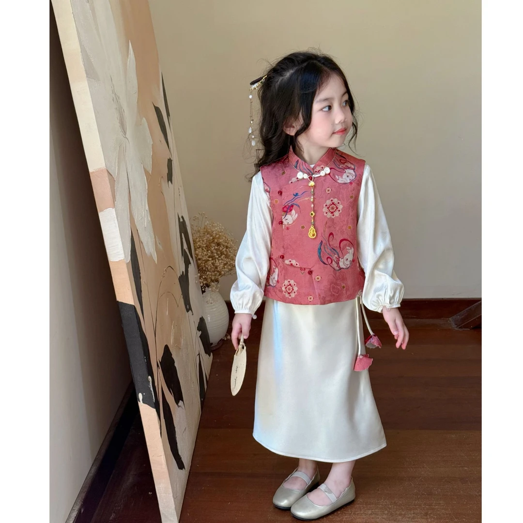 壹妈童装秋季新款儿童国风女宝宝马甲两件套新中式玉兔半裙套装