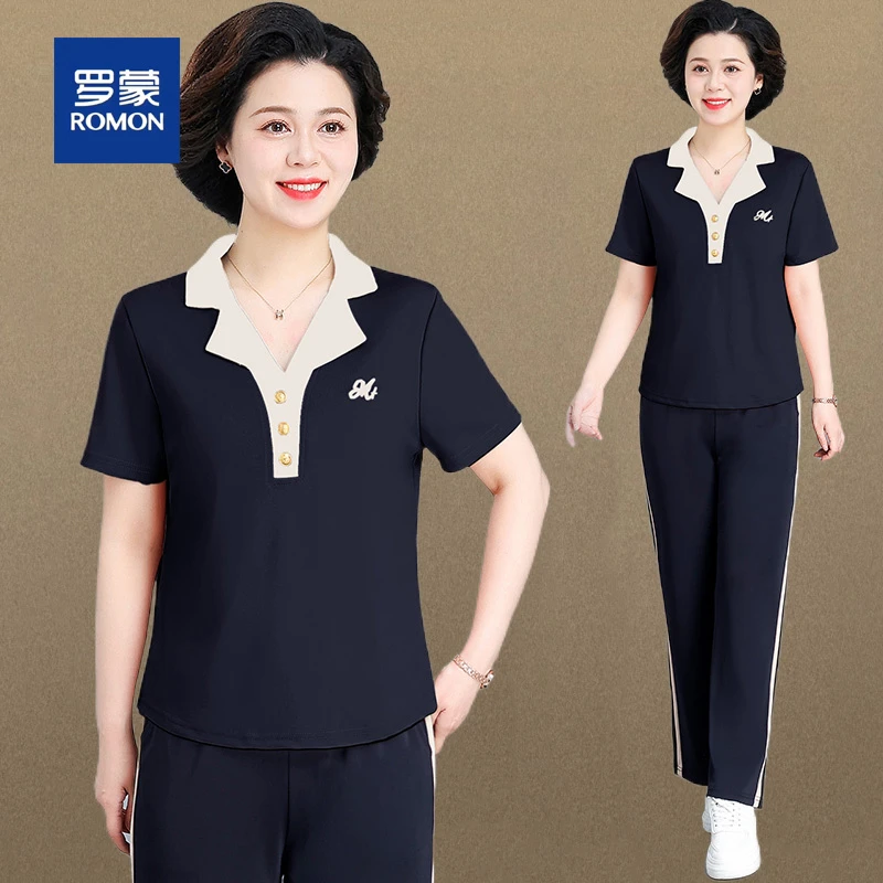 罗蒙妈妈夏装短袖运动套装女新款中老年女装洋气薄款t恤上衣服