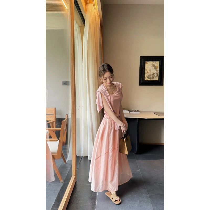 YPP！【夏日绝美】韩系甜美吊带背心长袖开衫外套半身裙三件套