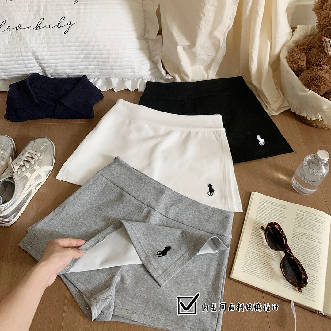 美式刺绣高腰开叉半身短裙裤女夏防走光运动休闲短裙A字包臀卫裙