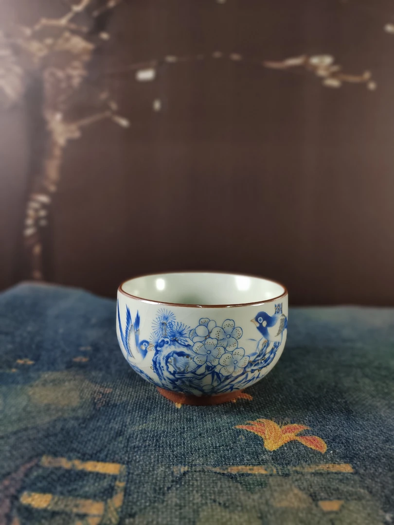 TJ073-喜鹊铜钱主人杯天蓝色