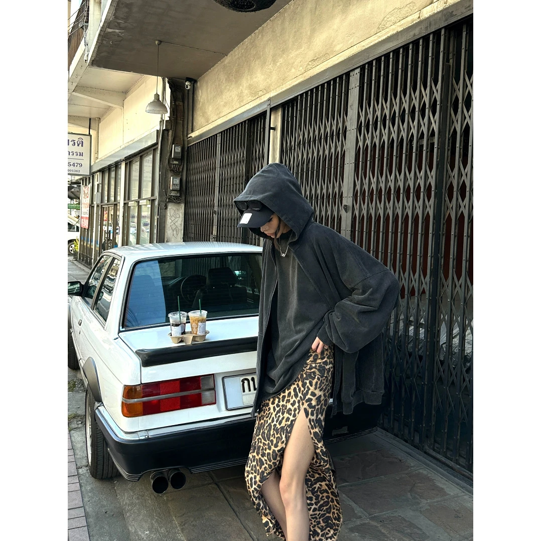 轻奢网红款野性DNA 豹纹半身裙女美式辣妹低腰直筒下摆开叉长裙