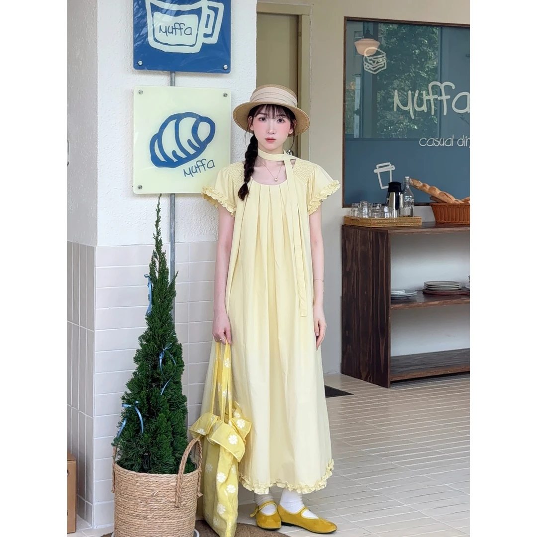 小冰涡 韩系简约拼接花边连衣裙（配腰带）